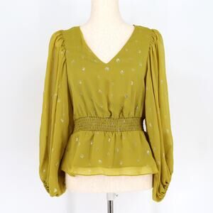 Vince Camuto Women Avocado Green Foiled Smocked-Hem Puff-Sleeve Blouse Size XS